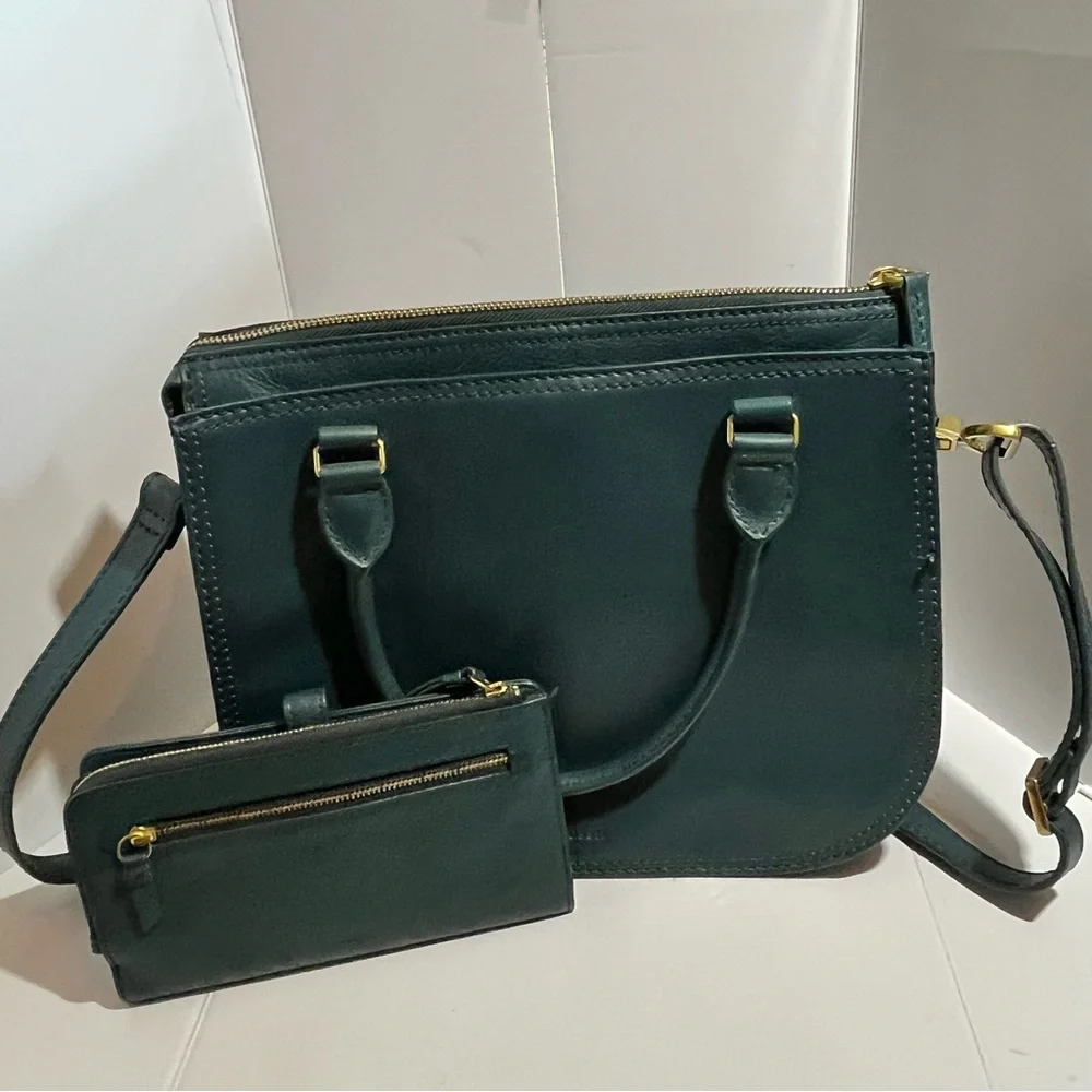 Fossil Green Ryder Satchel Crossbody Signature Jacquard style Leather Bag Wallet - Picture 2 of 14